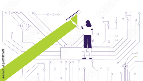 Innovative businesswoman drawing a vibrant green upward arrow on a futuristic circuit board background symbolizing growth progress and technological advancement with a clean