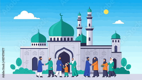 This flat design vector illustration showcases a beautiful mosque exterior where Muslims are exchanging Eid greetings, symbolizing community, worship, and mutual forgiveness