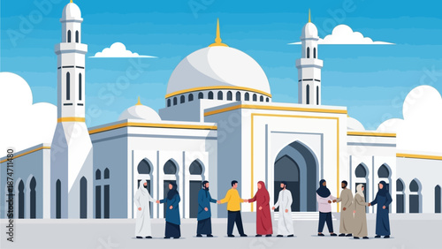 This flat design vector illustration showcases a beautiful mosque exterior where Muslims are exchanging Eid greetings, symbolizing community, worship, and mutual forgiveness