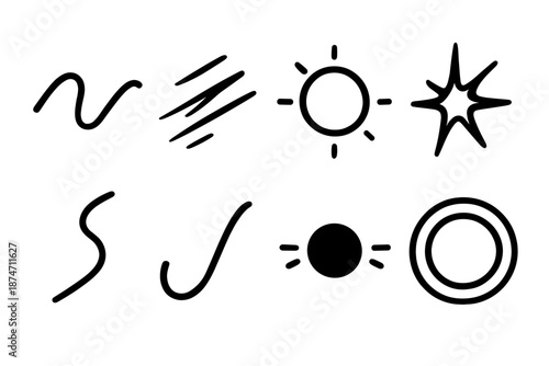 Dynamic Energy Icons. Energetic Forms set in outline vector style : kinetic wave, motion streak, pulsing circle, bold spark flare, dynamic curve, uplifted shape