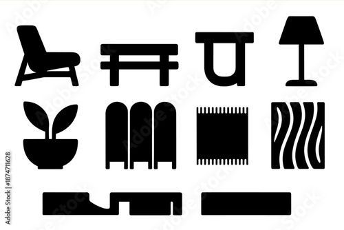 Brutalist Furniture Icons. Soaktime Furniture & Decor icon set in silhouette bold style. Contain lounge chair, bench, side table, floor lamp, plant pot, partition screen, rug, wall panel