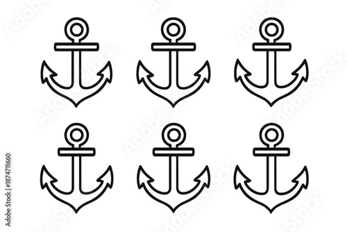 Classic Anchor Icons. Steadfast Symbol set in outline vector style : classic anchor shape, sturdy ring, grounded bar, curved flukes, steady beam, firm contour