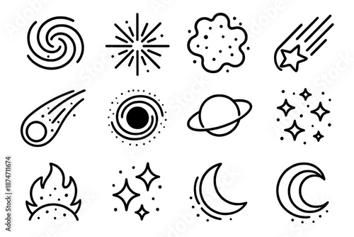 Cosmic Phenomena Icons. Cosmic Phenomena set in outline vector style: swirling galaxy, supernova burst, nebula cloud, shooting star, comet trail, black hole