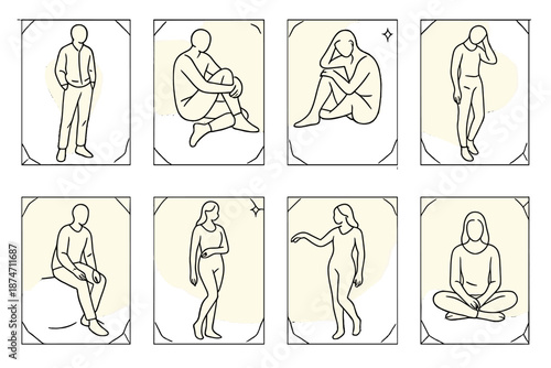 Portrait Outline Icons. Photo Stance Portrait Set set in outline vector style : soft figure outline, gentle pose arc, stance shadow dot, frame corner shard, highlight glow orb, subtle contour line