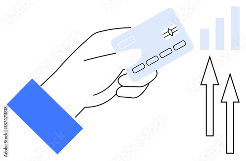 Digital payment concept. A hand holds a credit card with growth arrows financial progress. Digital payment facilitates seamless transactions, economic growth, and ecommerce expansion. Suitable