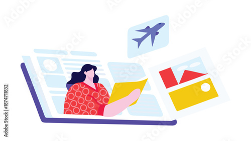 Woman reviewing travel documents on laptop with credit card and airplane ticket in isometric perspective digital illustration