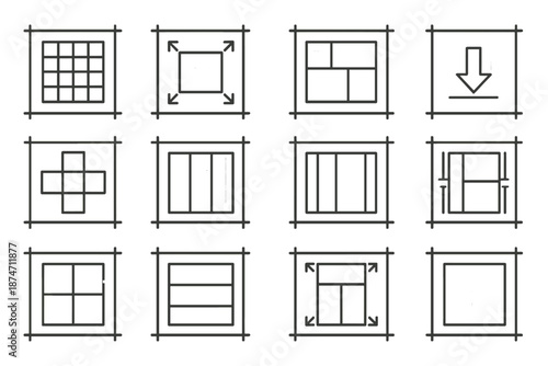 Blueprint Icon Layout. Organized Blueprint set in outline vector style : layout grid, corner anchors, guiding arrows, segmented panels, aligned columns, framework contour -