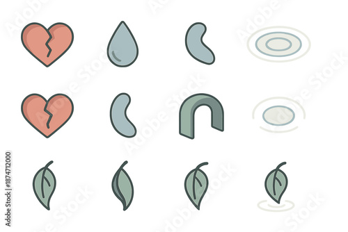 Emotive Iconography. Sad Reflections set in isometric flat vector : heart with fissure, soft tear trail, lonely curve shape, muted ripple, fading connection arc, drooping leaf outline -
