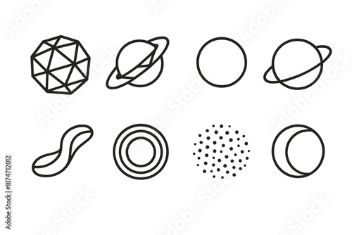 Abstract Cosmic Icons. Abstract Planetary Worlds set in outline vector style: geometric planet, prismatic ring, gradient sphere, orbit path, cosmic ribbon, layered glow, dot cluster, astral curve