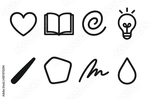 Expressive Icon Set. Personal Expression set in outline vector style: heart intention, open journal, expressive swirl, idea spark, bold line stroke, unique shape, signature mark, feeling droplet
