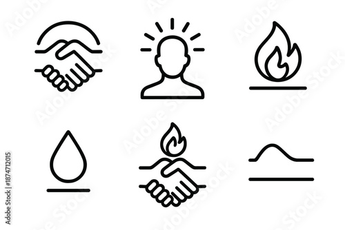 Symbolic Unity Art. Committed Intention set in outline vector style : clasped hands, aligned arc, warm halo, shared flame, subtle droplet, steadfast line