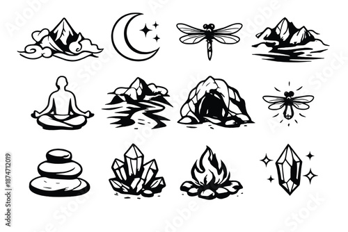 Mystic Mountain Icons. Mystic Mountainsset in outline vector style moon, mist, dragonfly, stars, crescent, foggy peak, meditating figure, path, cave, firefly, stone, crystal