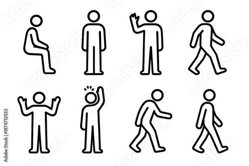 Human Motion Icons. Everyday Human Motion set in outline vector style: sitting posture, standing figure, hand wave, step forward, lifting gesture, light reach, leaning form, calm walk