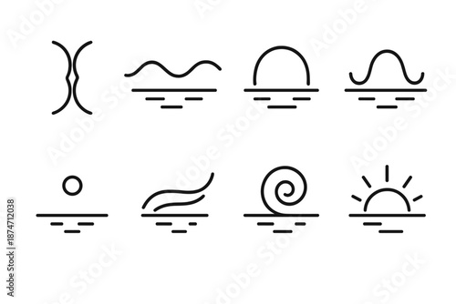 Reflective Outline Icons. Reflective Lines set in outline vector style : mirrored curve, calm wave, gentle arc, soft pulse, thoughtful dot, flowing mark, quiet swirl, subtle glow