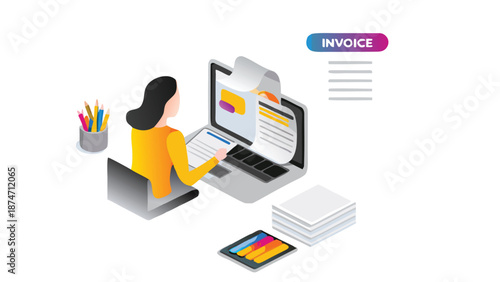 Woman working on laptop with invoice on screen in isometric vector illustration colorful background and office supplies nearby representing productivity and business tasks