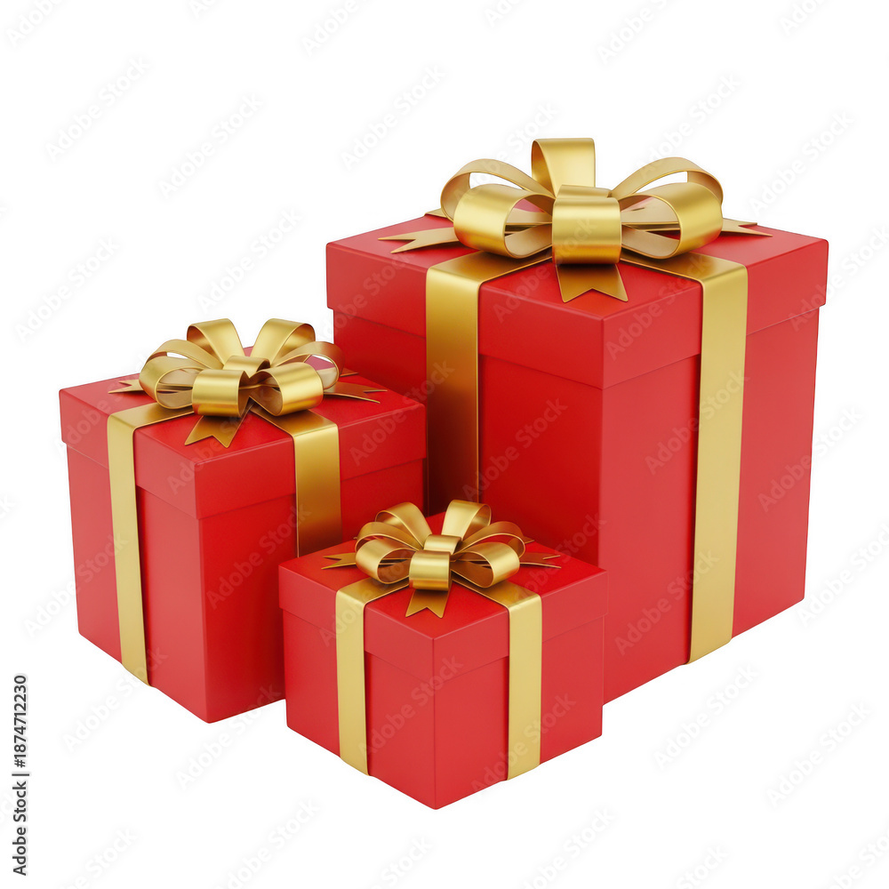 Obraz premium Stack of red gift boxes with golden bows isolated on transparent background