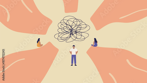 Man surrounded by complexity holding messy tangle of lines with people sitting in the background in a calm atmosphere