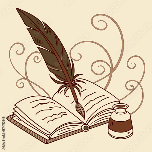 Illustration of a classic quill pen resting upon an open book next to a small inkwell suggesting old fashioned writing or historical literature.
