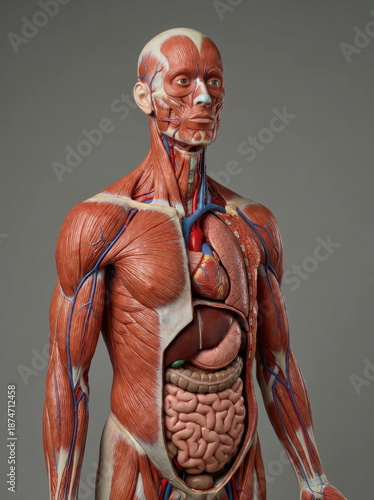 Detailed human anatomy model showcasing the muscular, circulatory, and major internal organ systems. This medical representation provides a clear view of the body structure for educational purposes.