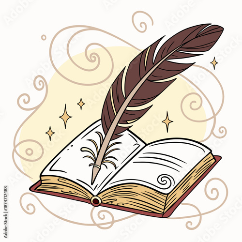 Quill pen on open book with stars swirls, fantasy writing ancient lore illustration