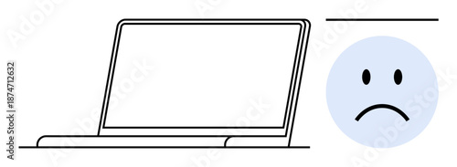 Laptop error. A laptop outline with a sad face icon portraying technology error. Laptop error affects work productivity and function. Suitable for tech support, troubleshooting, IT issues, software