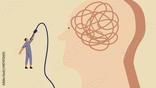 Man struggling with mental health issues tangled thoughts in head being unplugged by a person with a vacuum cleaner symbolic illustration