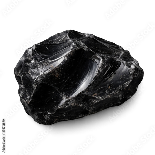 Polished obsidian stone isolated on transparent background. Natural volcanic glass with glossy black surface, mineral texture, and sharp organic shape, ideal for geology, jewelry, and design use.