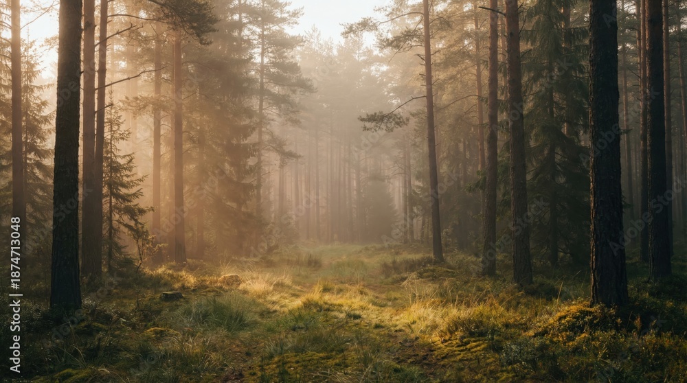 Obraz premium Misty forest path bathed in golden morning sunlight, creating an ethereal atmosphere