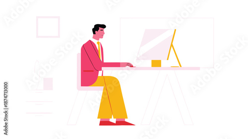 Man sitting at desk working on computer with vibrant attire in minimalist office setting with modern decor