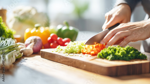 キッチンで新鮮な野菜を包丁で切る女性の手元
