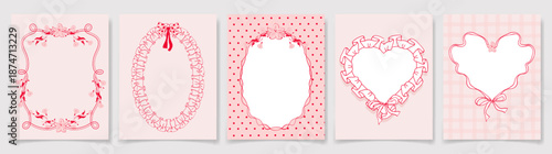 Hand drawn coquette frames with heart, floral, ribbon, wavy lines. Heart frames with bow, lace, in vintage girly style. Whimsical borders for Valentines Day cards, Wedding invitation, poster, banner