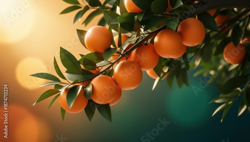 Ripe oranges hanging from a tree branch with green leaves and soft bokeh background
