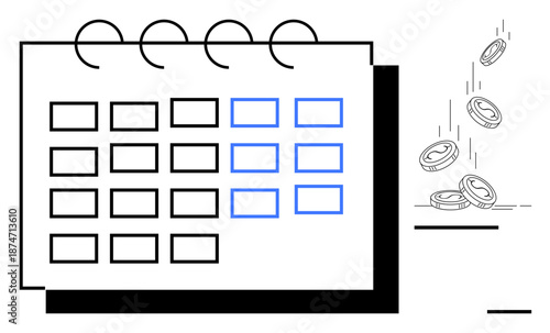 Time management, financial planning, budgeting, business scheduling, deadlines, event organization. Calendar with highlighted dates and falling coins. Financial planning and time management concept