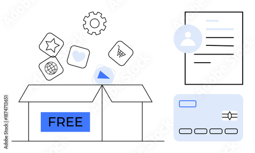 Subscriptions, e-commerce, digital services, user interface, online offers, customer interaction. Open box with free sign releasing icons, profile page and dashboard design. Subscriptions