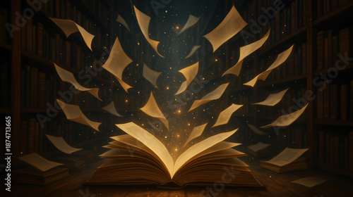 An open book emits bright golden light as pages swirl upward in a dark library filled with shelves of books. The enchanting atmosphere invites a sense of wonder and imagination