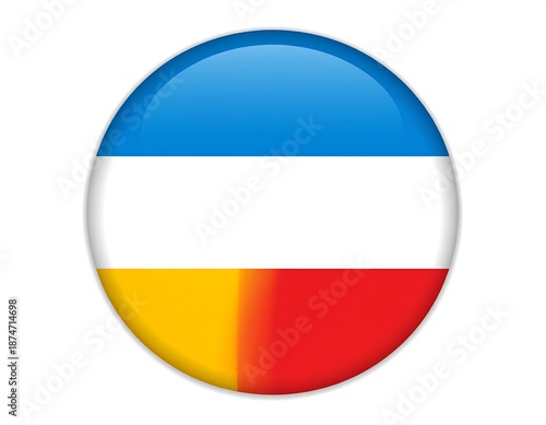 Free Download A glossy, round button shows a colorfully divided emblem. Blue, white, yellow, and red sections are present - GFXLoad