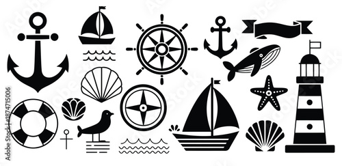 Vintage Nautical Icons Black and White Vector Set