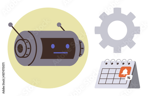 Artificial intelligence, automation, task management, productivity tools, technology integration, innovation. Robot face, gear icon and a calendar with alert notification. AI and automation concept