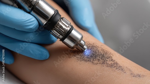 Professional picosecond laser erasing black ink tattoo on arm showing technical process
