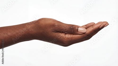 Close up of dark skinned hand palm up offering or presenting something on white background