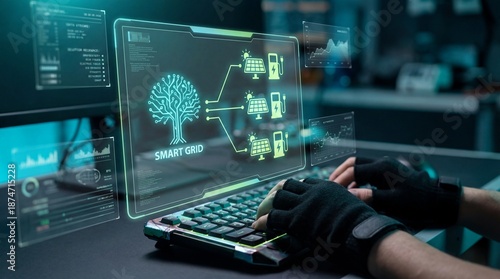 Cyberpunk person interacting with futuristic eco technology smart grid interface on laptop in dark room