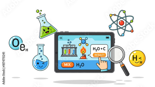A tablet displays a chemistry experiment with beakers a burner and molecules