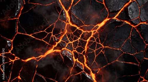 Glowing orange cracks on dark background fiery texture with bright lines abstract digital art with vibrant warm colors and smoky effects
