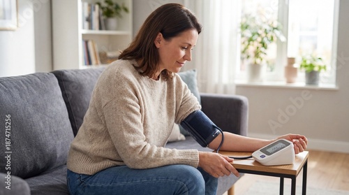 Woman sitting on couch at home taking blood pressure with a monitor on her arm checking health in a cozy living room setting