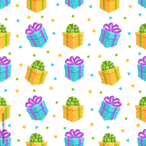 Cartoon birthday gift box seamless pattern with ribbons and bows. Colorful surprises and presents create a festive celebration theme. Ideal for holiday decoration or party wrapping.