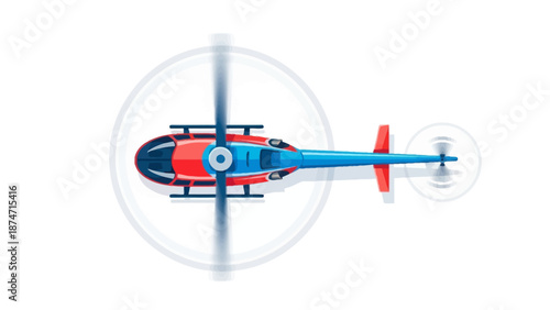 A topdown view of a red and blue helicopter with blurred rotors
