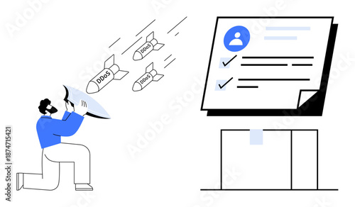 Person using shield to block incoming cyber threats labeled DDoS next to a document with security marks. Ideal for cybersecurity, protection, defense, data safety, technology, secure systems, digital