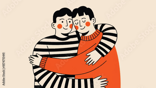 Vector Illustration of Two Men Embracing in a Supportive Hug for Mental Health and Friendship Themes