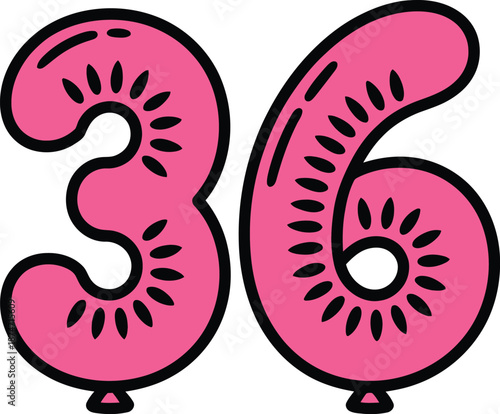 Hand drawn number thirty six with decorative sunburst details