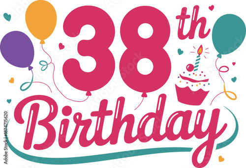 Vibrant 38th birthday celebration with balloons and cupcake
